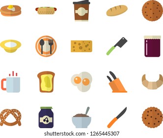Color flat icon set knives flat vector, table setting, biscuit, pancakes, bagel, croissant, cheese, bread, hot dog, dish, porridge, coffe, tea, scrambled eggs, jam, sandwich