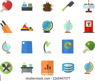 Color flat icon set knives flat vector, cutting board, plates, book balance accounting, massage, reading lamp, office worker, meeting, globe, table tennis, romantic dinner fector, setting, doctor's