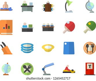 Color flat icon set knives flat vector, cutting board, table setting, plates, dish, book balance accounting, massage, reading lamp, office worker, meeting, globe, tennis, fector, doctor's
