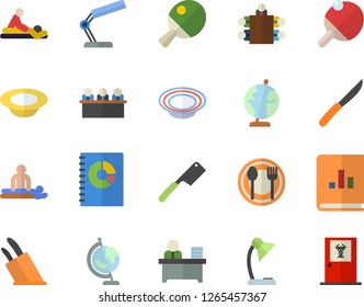 Color flat icon set knives flat vector, table setting, dish, book balance accounting, massage, reading lamp, office worker, meeting, globe, tennis, doctor's fector