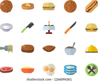 Color flat icon set knives flat vector, dish, plates, biscuit, pancakes, spaghetti on a fork, hamburger, hot dog, porridge, chop, cutlet, scrambled eggs, romantic dinner fector, table setting