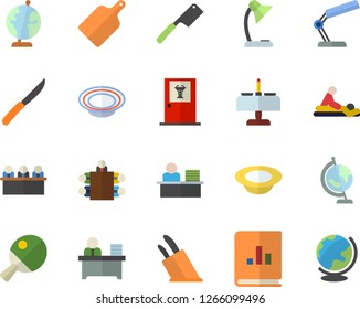 Color flat icon set knives flat vector, cutting board, dish, book balance accounting, massage, reading lamp, office worker, meeting, globe, table tennis, romantic dinner fector, doctor's