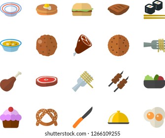 Color flat icon set knives flat vector, dish, ham, biscuit, pancakes, bagel, cake, spaghetti on a fork, hamburger, salad, soup, chop, shashlik, cutlet, fish rolls, scrambled eggs