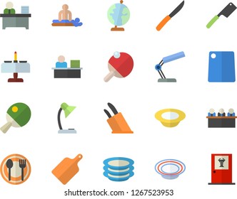 Color flat icon set knives flat vector, cutting board, table setting, plates, dish, massage, reading lamp, office worker, meeting, globe, tennis, romantic dinner fector, doctor's