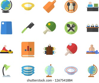 Color flat icon set knives flat vector, cutting board, table setting, plates, dish, book balance accounting, massage, reading lamp, office worker, meeting, globe, tennis, fector