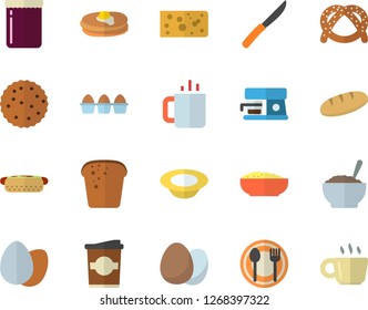 Color flat icon set knives flat vector, coffee machine, egg, table setting, pancakes, bagel, cheese, bread, hot dog, dish, porridge, coffe, tea, jam, biscuit