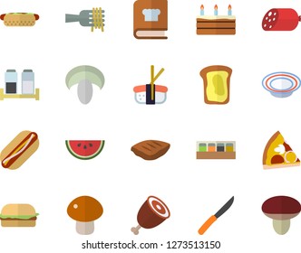 Color flat icon set knives flat vector, cookbook, spice, sausage, watermelon, spaghetti on a fork, hamburger, hot dog, pizza, mushroom, cake, dish, ham, chop, sashimi, sandwich