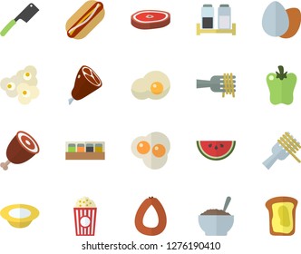 Color flat icon set knives flat vector, spice, sausage, egg, watermelon, spaghetti on a fork, hot dog, dish, porridge, ham, chop, bell pepper, popcorn, scrambled eggs, sandwich