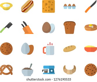 Color flat icon set knives flat vector, coffee machine, egg, biscuit, pancakes, bagel, croissant, cheese, bread, hot dog, dish, porridge, tea