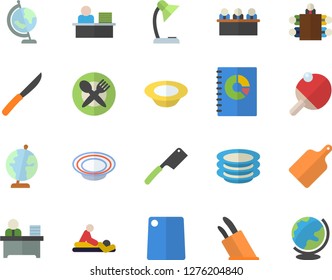 Color flat icon set knives flat vector, cutting board, plates, dish, book balance accounting, massage, reading lamp, office worker, meeting, globe, table tennis, setting fector