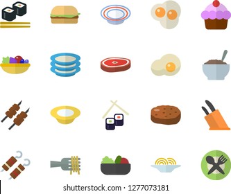Color flat icon set knives flat vector, plates, cake, spaghetti on a fork, hamburger, dish, salad, porridge, chop, shashlik, cutlet, fish rolls, scrambled eggs, table setting fector