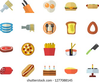 Color flat icon set knives flat vector, table setting, plates, sausage, spaghetti on a fork, hamburger, hot dog, pizza, cake, porridge, chop, French fries, sashimi, scrambled eggs, sandwich