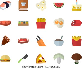Color flat icon set knives flat vector, cookbook, spice, chop, sausage, watermelon, hamburger, pizza, mushroom, cake, porridge, ham, French fries, sashimi, popcorn, scrambled eggs