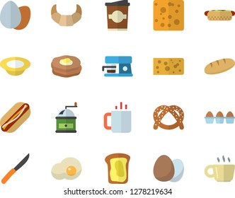 Color flat icon set knives flat vector, coffee grinder, machine, egg, bagel, croissant, cheese, bread, hot dog, dish, coffe, tea, scrambled eggs, sandwich, pancakes