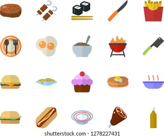 Color flat icon set knives flat vector, barbecue, table setting, pancakes, cake, spaghetti, hamburger, hot dog, dish, soup, porridge, ham, shashlik, cutlet, French fries, fish rolls, scrambled eggs