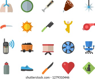 Color flat icon set knives flat vector, blender, sieve, ham, knife, sun, ventilation, laser, mining, phone call, flipchart, heart, lungs, office chair, whistle, sneakers, sports pear, gymnastics