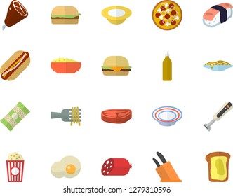 Color flat icon set knives flat vector, blender, spaghetti, chop, sausage, on a fork, hamburger, hot dog, pizza, dish, porridge, ham, sashimi, popcorn, scrambled eggs, mustard, sandwich