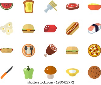 Color flat icon set knives flat vector, table setting, sausage, watermelon, spaghetti on a fork, hamburger, hot dog, pizza, mushroom, dish, porridge, ham, chop, bell pepper, sashimi, popcorn