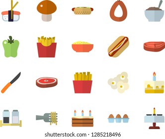 Color flat icon set knives flat vector, spice, chop, sausage, egg, spaghetti on a fork, hot dog, mushroom, cake, porridge, bell pepper, French fries, sashimi, popcorn, romantic dinner fector