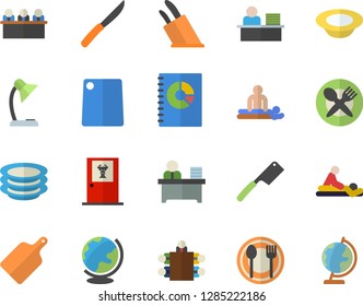 Color flat icon set knives flat vector, cutting board, table setting, plates, dish, book balance accounting, massage, reading lamp, office worker, meeting, fector, doctor's, globe