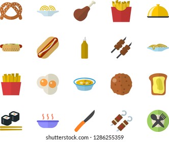 Color flat icon set knives flat vector, dish, ham, bagel, spaghetti, hot dog, soup, shashlik, cutlet, French fries, fish rolls, scrambled eggs, mustard, sandwich, table setting fector