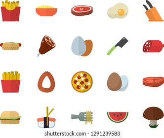 Color flat icon set knives flat vector, egg, chop, sausage, watermelon, spaghetti on a fork, hamburger, hot dog, pizza, porridge, ham, French fries, sashimi, scrambled eggs, mushroom