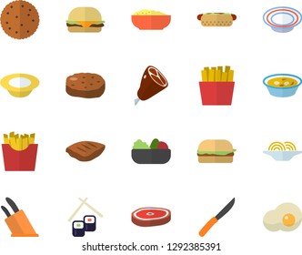 Color flat icon set knives flat vector, biscuit, spaghetti, hamburger, hot dog, dish, salad, soup, porridge, ham, chop, cutlet, French fries, fish rolls, scrambled eggs