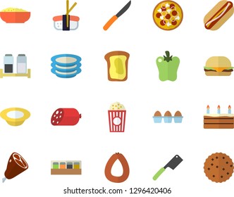 Color flat icon set knives flat vector, spice, plates, sausage, egg, hamburger, hot dog, pizza, cake, dish, porridge, ham, bell pepper, sashimi, popcorn, sandwich, biscuit