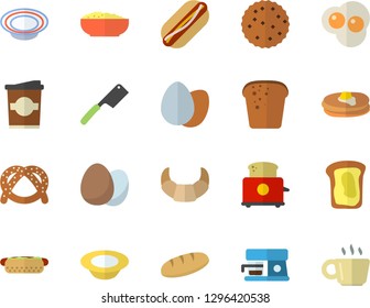 Color flat icon set knives flat vector, toaster, coffee machine, egg, pancakes, bagel, croissant, bread, hot dog, dish, porridge, coffe, scrambled eggs, sandwich, biscuit