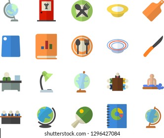 Color flat icon set knives flat vector, cutting board, table setting, dish, book balance accounting, massage, reading lamp, office worker, meeting, globe, tennis, fector, doctor's