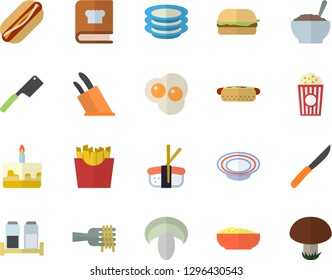 Color flat icon set knives flat vector, cookbook, spice, plates, spaghetti on a fork, hamburger, hot dog, mushroom, cake, dish, porridge, French fries, sashimi, popcorn, scrambled eggs