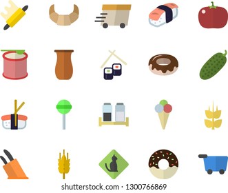 Color flat icon set knives flat vector, rolling pin, spice, jugful, croissant, donut, lollipop, tomato, cucumber, fish rolls, sashimi, ice cream, ear, express delivery, steroids, pets allowed fector