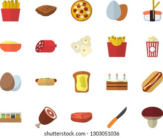 Color flat icon set knives flat vector, spice, egg, chop, sausage, hot dog, pizza, cake, porridge, ham, French fries, sashimi, popcorn, sandwich, mushroom