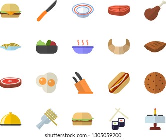 Color flat icon set knives flat vector, dish, chop, ham, biscuit, croissant, spaghetti on a fork, hamburger, hot dog, salad, soup, fish rolls, scrambled eggs, romantic dinner fector