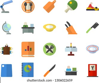 Color flat icon set knives flat vector, cutting board, table setting, dish, book balance accounting, massage, reading lamp, office worker, meeting, globe, tennis, romantic dinner fector, doctor's