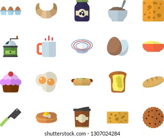 Color flat icon set knives flat vector, coffee grinder, egg, pancakes, croissant, cake, cheese, bread, hot dog, dish, porridge, coffe, tea, scrambled eggs, jam, sandwich, biscuit