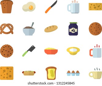 Color flat icon set knives flat vector, biscuit, bagel, cheese, egg, bread, hot dog, dish, porridge, tea, scrambled eggs, jam, sandwich, coffee
