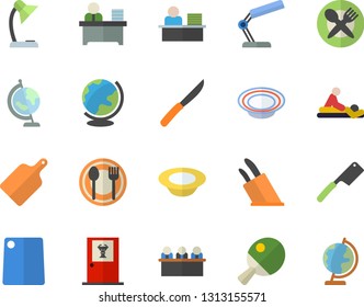Color flat icon set knives flat vector, cutting board, table setting, dish, massage, reading lamp, office worker, meeting, globe, tennis, fector, doctor's