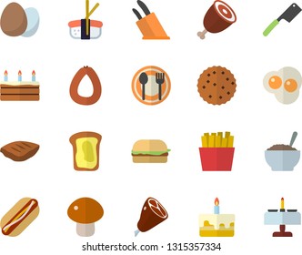 Color flat icon set knives flat vector, egg, table setting, sausage, hamburger, hot dog, mushroom, cake, porridge, ham, chop, French fries, sashimi, scrambled eggs, sandwich, biscuit