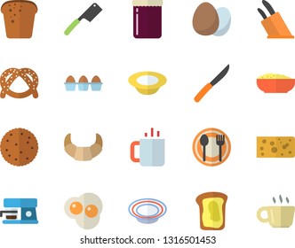 Color flat icon set knives flat vector, coffee machine, egg, table setting, biscuit, bagel, croissant, cheese, bread, dish, porridge, tea, scrambled eggs, jam, sandwich