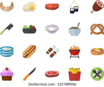Color flat icon set knives flat vector, barbecue, plates, chop, pancakes, bagel, croissant, cake, hot dog, dish, salad, porridge, ham, shashlik, French fries, fish rolls, scrambled eggs