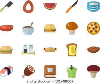 Color flat icon set knives flat vector, cookbook, spice, plates, chop, sausage, watermelon, hamburger, hot dog, pizza, mushroom, porridge, ham, bell pepper, sashimi, sandwich