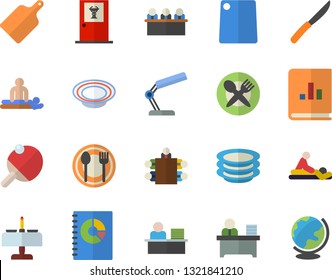 Color flat icon set knives flat vector, cutting board, table setting, plates, dish, book balance accounting, massage, reading lamp, office worker, meeting, tennis, romantic dinner fector, doctor's
