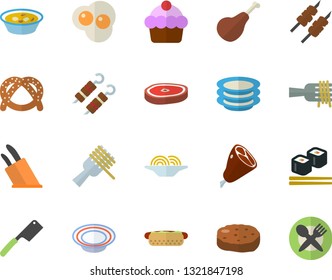 Color flat icon set knives flat vector, plates, ham, bagel, cake, spaghetti on a fork, hot dog, dish, soup, chop, shashlik, cutlet, fish rolls, scrambled eggs, table setting fector