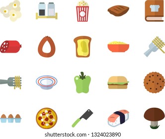 Color flat icon set knives flat vector, cookbook, spice, sausage, egg, spaghetti on a fork, hamburger, pizza, dish, porridge, chop, bell pepper, sashimi, popcorn, sandwich, biscuit, mushroom