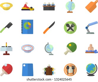 Color flat icon set knives flat vector, cutting board, table setting, dish, book balance accounting, massage, reading lamp, meeting, globe, tennis, romantic dinner fector