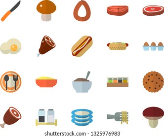 Color flat icon set knives flat vector, spice, table setting, plates, chop, sausage, egg, spaghetti on a fork, hot dog, mushroom, porridge, ham, scrambled eggs, biscuit