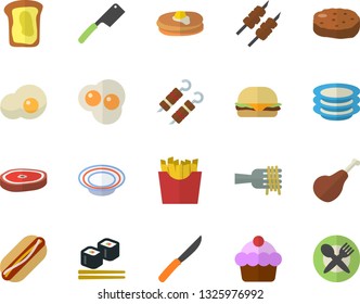 Color flat icon set knives flat vector, plates, ham, pancakes, cake, spaghetti on a fork, hamburger, hot dog, dish, chop, shashlik, cutlet, French fries, fish rolls, scrambled eggs, sandwich