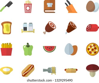 Color flat icon set knives flat vector, cookbook, spice, egg, sausage, watermelon, spaghetti on a fork, hot dog, pizza, dish, ham, bell pepper, French fries, popcorn, sandwich, mushroom