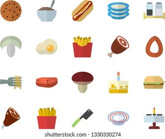 Color flat icon set knives flat vector, spice, plates, chop, sausage, spaghetti on a fork, hamburger, hot dog, mushroom, cake, dish, porridge, ham, French fries, scrambled eggs, biscuit